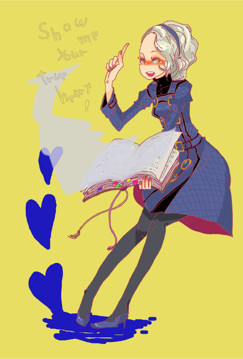 1girl atlus bad_id bad_pixiv_id blush book dress female_focus margaret margaret_(persona) pantyhose persona persona_4 silver_hair solo ten ten_(ch) yellow_eyes
