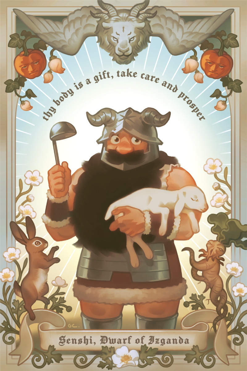 1boy animal beard big_nose border character_name commentary dungeon_meshi dwarf english_commentary english_text facial_hair fake_horns flower fur_trim genice_chan helmet highres holding holding_animal holding_ladle horned_helmet horns ladle lamb long_beard looking_at_viewer male_focus mandragora mustache ornate_border painterly pumpkin rabbit senshi_(dungeon_meshi) sheep signature sleeveless standing thick_mustache very_long_beard white_flower winged_lion_(dungeon_meshi)