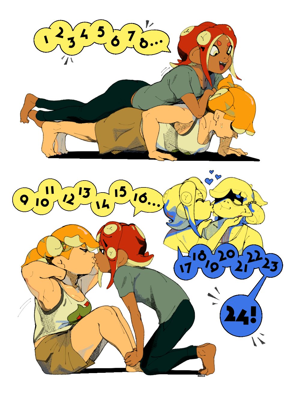 2girls bixelswixels dark-skinned_female dark_skin exercising highres inkling kiss multiple_girls muscular muscular_female nintendo numbers octoling push-ups speech_bubble splatoon_(series) yuri