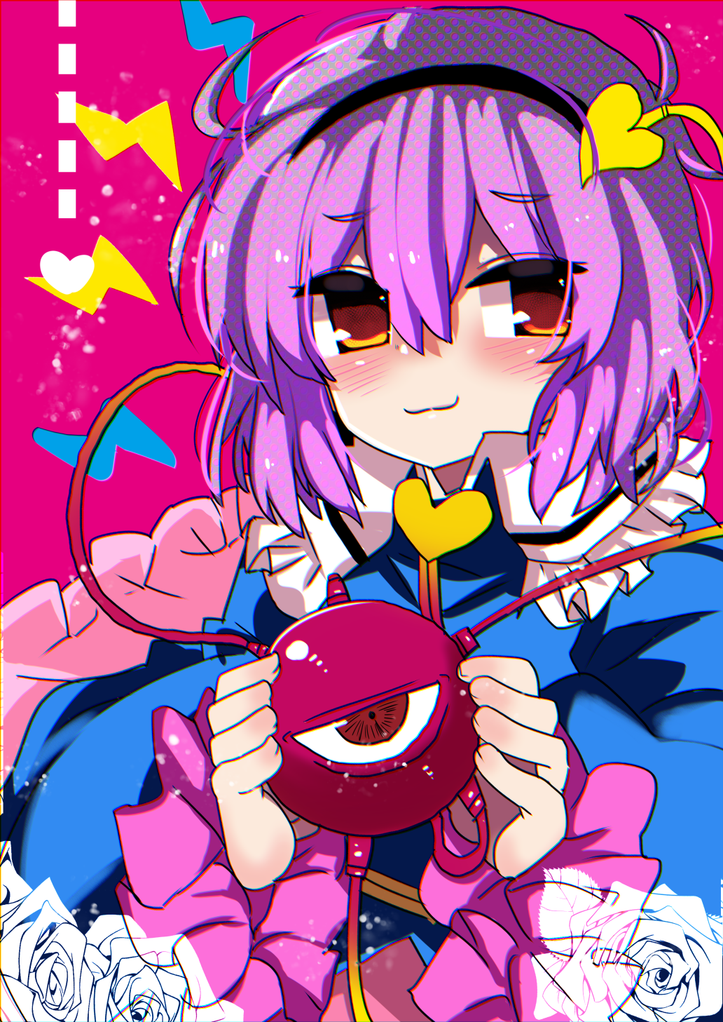 1girl black_hairband blouse blue_shirt blush buttons closed_mouth eyeball flower frilled_shirt_collar frilled_sleeves frills hair_between_eyes hair_ornament hairband heart heart_button heart_hair_ornament highres holding komeiji_satori long_sleeves looking_to_the_side magenta_background pink_background purple_hair red_eyes rose shirt short_hair smirk solo third_eye touhou upper_body white_flower white_rose wide_sleeves yashiro_ryo yellow_eyes
