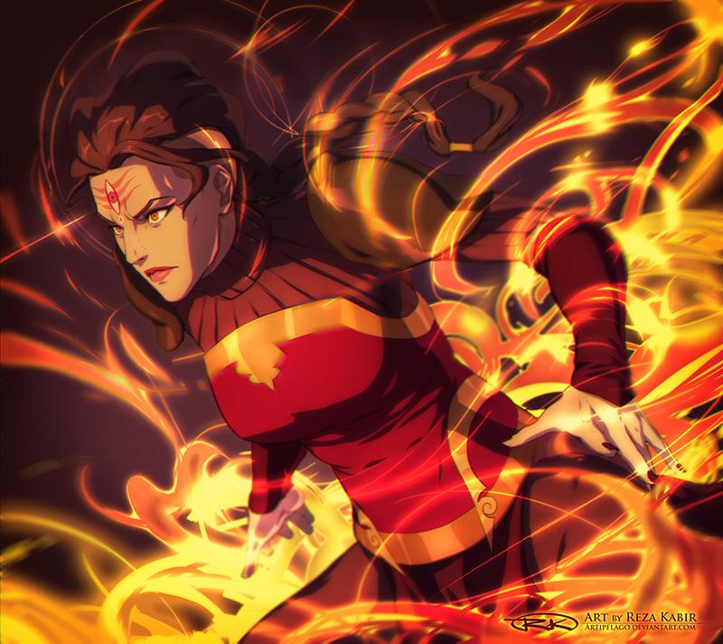 1girl arm_guards armor artist_name avatar_legends bad_deviantart_id bad_id black_nails brown_hair closed_mouth english_text fire lips long_hair nail_polish p&#039;li_(the_legend_of_korra) pyrokinesis red_eyes red_lips signature solo the_art_mage the_legend_of_korra third_eye upper_body
