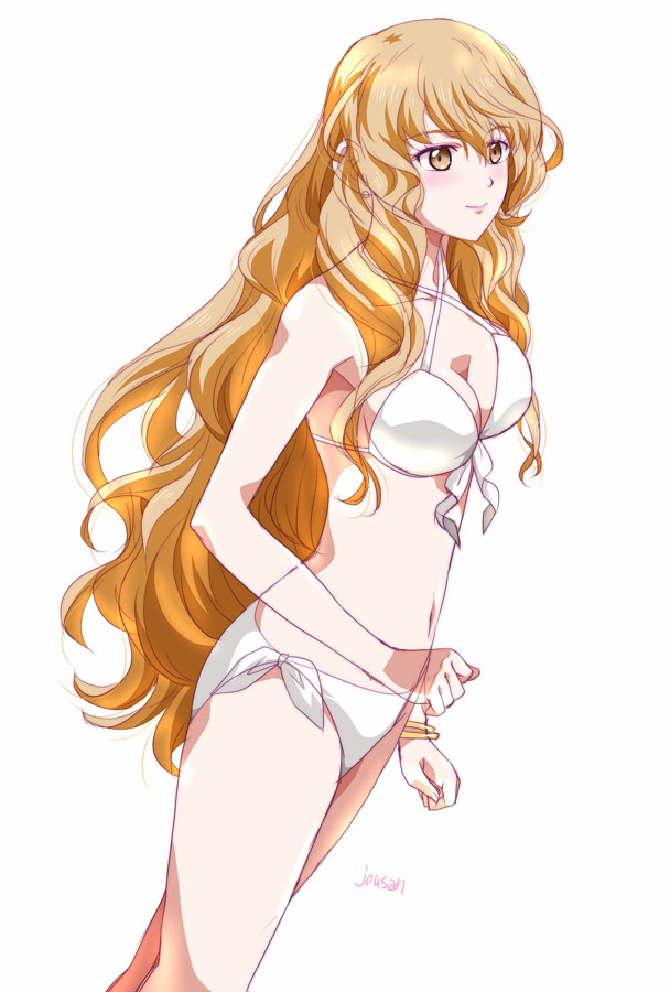 1girl ao_no_kiseki artist_name bikini bracelet breasts brown_eyes brown_hair cecile_neues cleavage eiyuu_densetsu front-tie_bikini_top front-tie_top hair_between_eyes jewelry large_breasts long_hair navel side-tie_bikini_bottom simple_background smile solo swimsuit wavy_hair white_background white_bikini xiacheng_tatsuya zero_no_kiseki