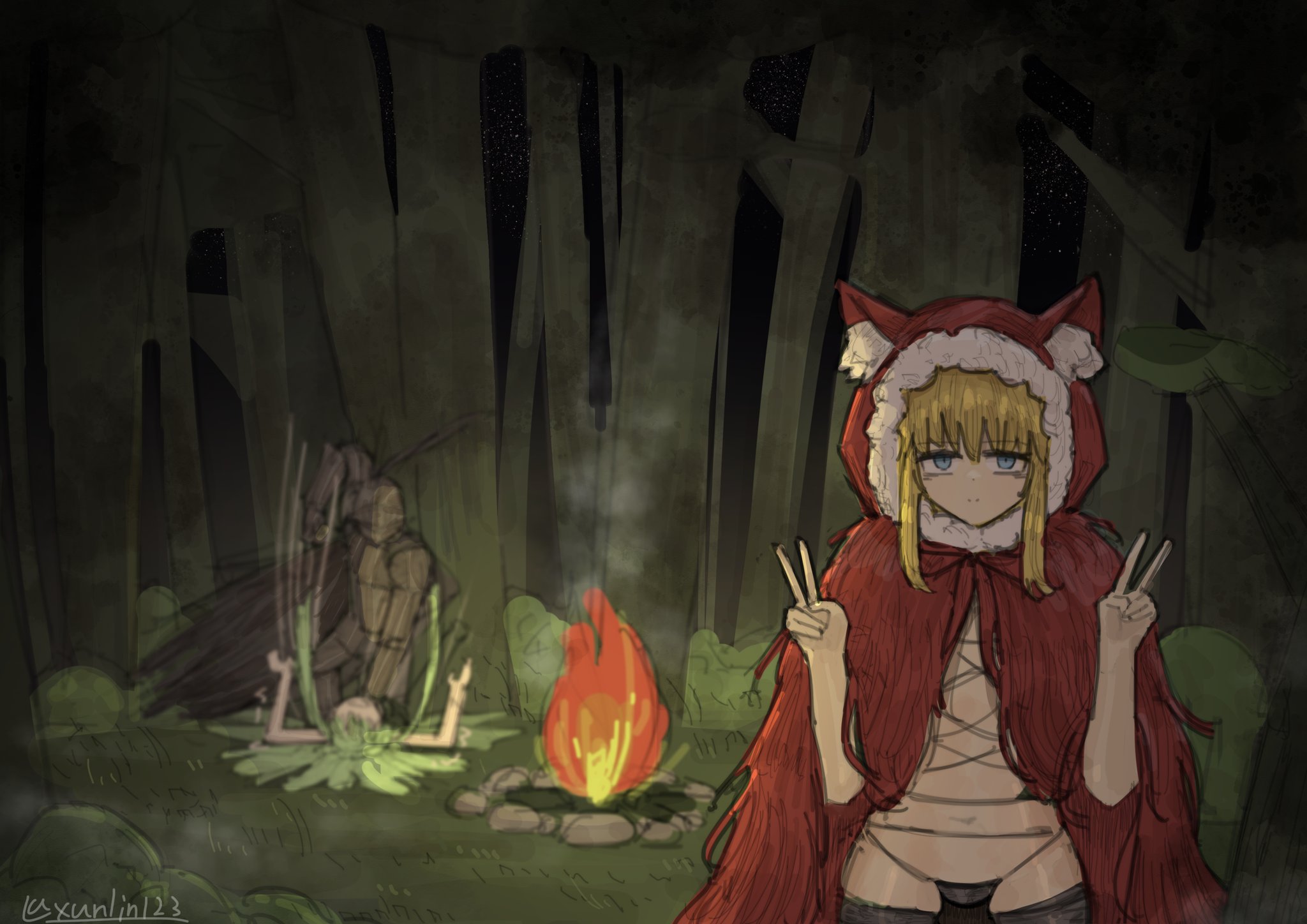 1boy 2girls animal_hood armor black_panties black_souls black_thighhighs blonde_hair campfire cloak commentary_request double_v fire forest full_armor fur-trimmed_hood fur_trim green_hair grimm_(black_souls) highres hood leaf_(black_souls) long_hair multiple_girls nature night panties punching red_cloak red_hood_(black_souls) sidelocks smoke string_panties thighhighs translation_request tree twitter_username underwear v very_long_hair xun_lin_(pixiv_93392103)