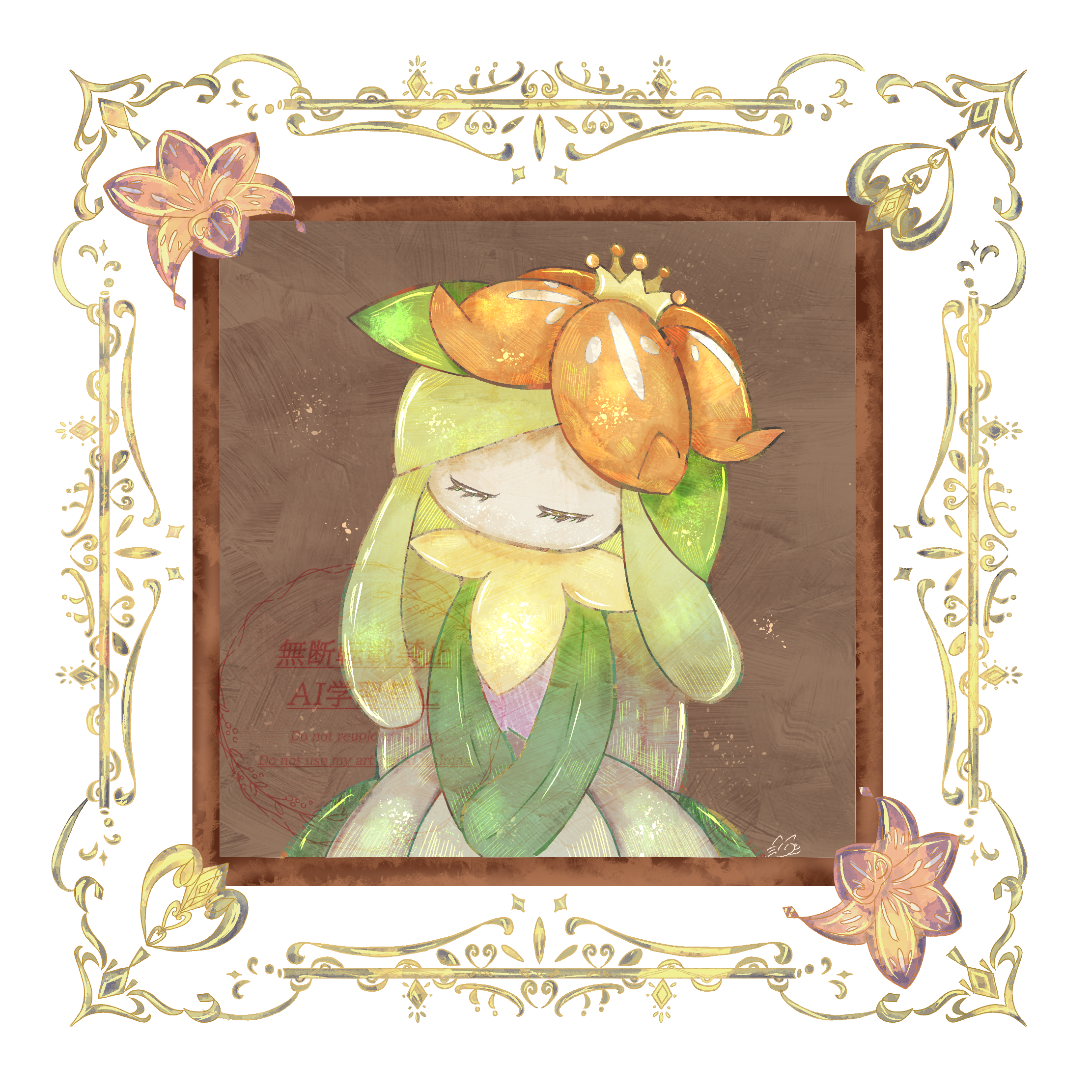 closed_eyes crown flower gen_5_pokemon highres lilligant monster_girl nintendo no_mouth orange_flower plant_girl pokemon pokemon_(creature) simple_background