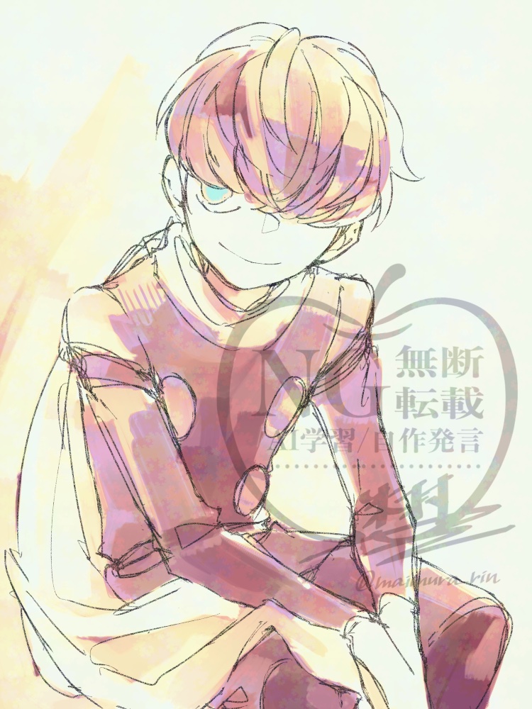 1boy aged_up belt black_belt black_boots blue_eyes boots coat cyborg cyborg_009 hair_over_one_eye ivan_whisky looking_to_the_side maimura_rin male_focus military_uniform pants red_coat red_pants scarf short_hair sitting smile soldier yellow_scarf
