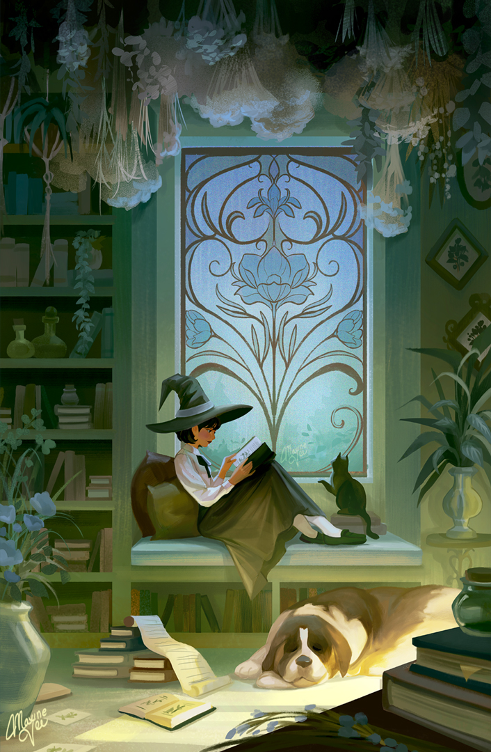 1girl black_cat black_hair black_hat black_neckerchief black_shoes black_skirt blouse blue_flower blue_ribbon book book_on_lap book_stack bookshelf cat commentary flask flower flower_symbol hanging_plant hat hat_ribbon herb_bundle holding holding_book indoors loafers maxine_vee neckerchief open_book original picture_frame pillow plant potted_plant profile reading ribbon scenery scroll shirt shoes short_hair signature sitting skirt sleeping_animal socks solo st_bernard vase white_shirt white_socks window windowsill witch witch_hat