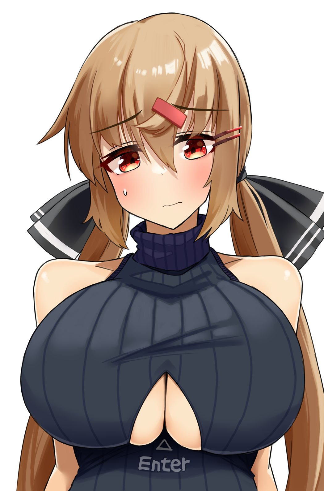 1girl black_bow black_sweater blush bow breasts brown_eyes brown_hair cleavage cleavage_cutout closed_mouth clothing_cutout hair_between_eyes hair_bow hair_ornament hairclip highres kantai_collection komb large_breasts long_hair low_twintails ribbed_sweater simple_background sleeveless sleeveless_sweater solo sweater tashkent_(kancolle) turtleneck turtleneck_sweater twintails upper_body white_background