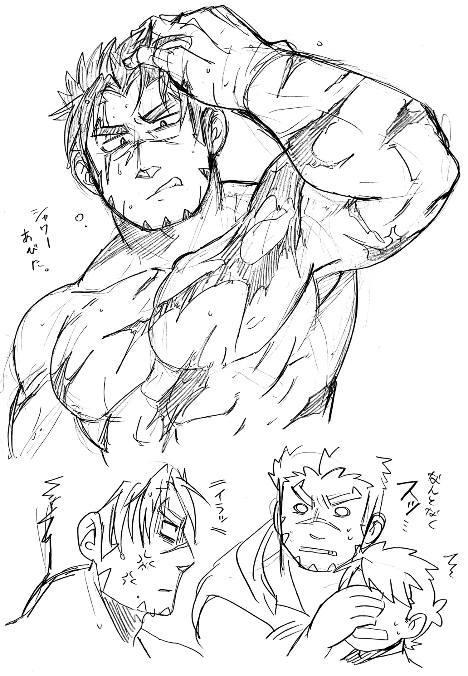 3boys abs akashi_(alter)_(live_a_hero) akashi_(live_a_hero) anger_vein bara covering_another's_eyes cropped_torso facial_hair frown fujishima_kazuya goatee greyscale highres large_pectorals live_a_hero long_sideburns looking_at_another love_triangle male_focus male_protagonist_(live_a_hero) monochrome multiple_boys muscular muscular_male nipples o_o pectorals scar scar_on_face scar_on_nose scars_all_over short_hair sideburns thick_eyebrows too_many scars_all_over yaoi