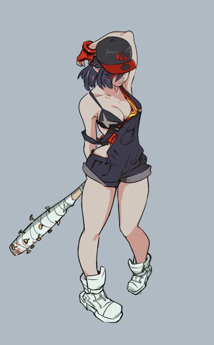1girl alternate_costume arm_up bad_id bad_twitter_id baseball_bat baseball_cap black_hair blood blue_overalls breasts cleavage crossover female_focus full_body gloves grey_background gyosone hat hidden_eyes kill_la_kill matoi_ryuuko medium_breasts mousou_dairinin multicolored_hair nail nail_(hardware) nail_bat off_shoulder overalls parody senketsu shoes short_hair shounen_bat solo split_mouth standing streaked_hair tagme two-tone_hair weapon white_shoes