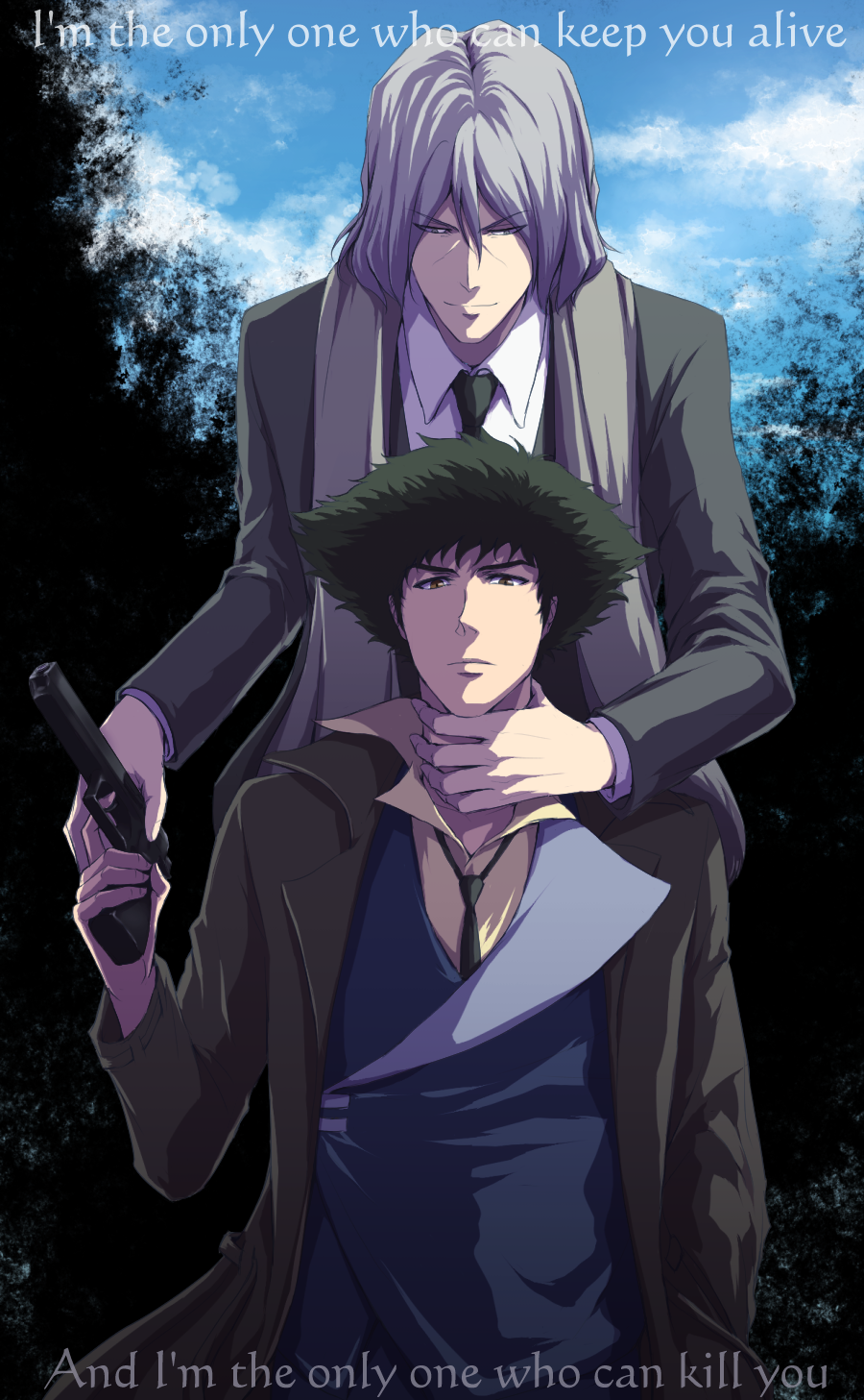 2boys cowboy_bebop english_text gun highres multiple_boys navinavinavia spike_spiegel tagme vicious_(cowboy_bebop) weapon