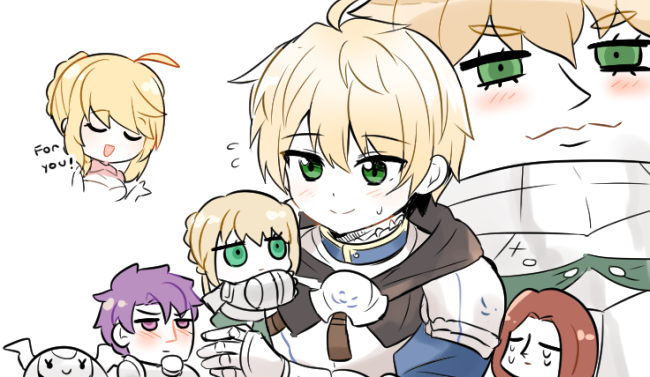2girls 5boys ahoge armor arthur_pendragon_(fate) artoria_pendragon_(fate) bedivere_(fate) blonde_hair braid chibi closed_eyes commentary crying english_text fate/grand_order fate_(series) flying_sweatdrops gauntlets gawain_(fate) green_eyes helmet lancelot_(fate/grand_order) mordred_(fate) mordred_(fate/apocrypha) multiple_boys multiple_girls purple_eyes purple_hair rabi_(swordofthestone) red_hair riyo_(lyomsnpmp)_(style) saber_(fate) sweatdrop tears tristan_(fate)
