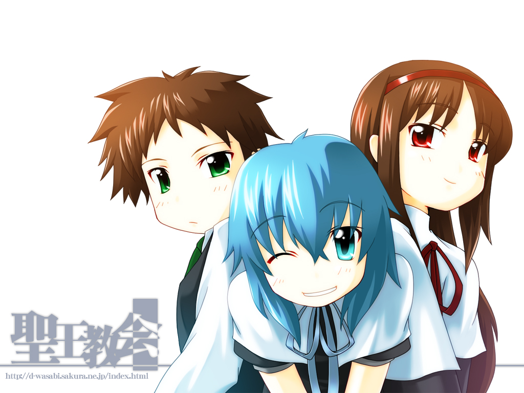00s 3girls bent_over blue_eyes blue_hair brown_hair deed_(nanoha) green_eyes long_hair looking_at_viewer lyrical_nanoha mahou_shoujo_lyrical_nanoha mahou_shoujo_lyrical_nanoha_strikers mayumi_(morikko) multiple_girls neck_ribbon necktie numbers_(nanoha) one_eye_closed otto_(nanoha) red_eyes ribbon school_uniform sein_(nanoha) short_hair smile vest wink