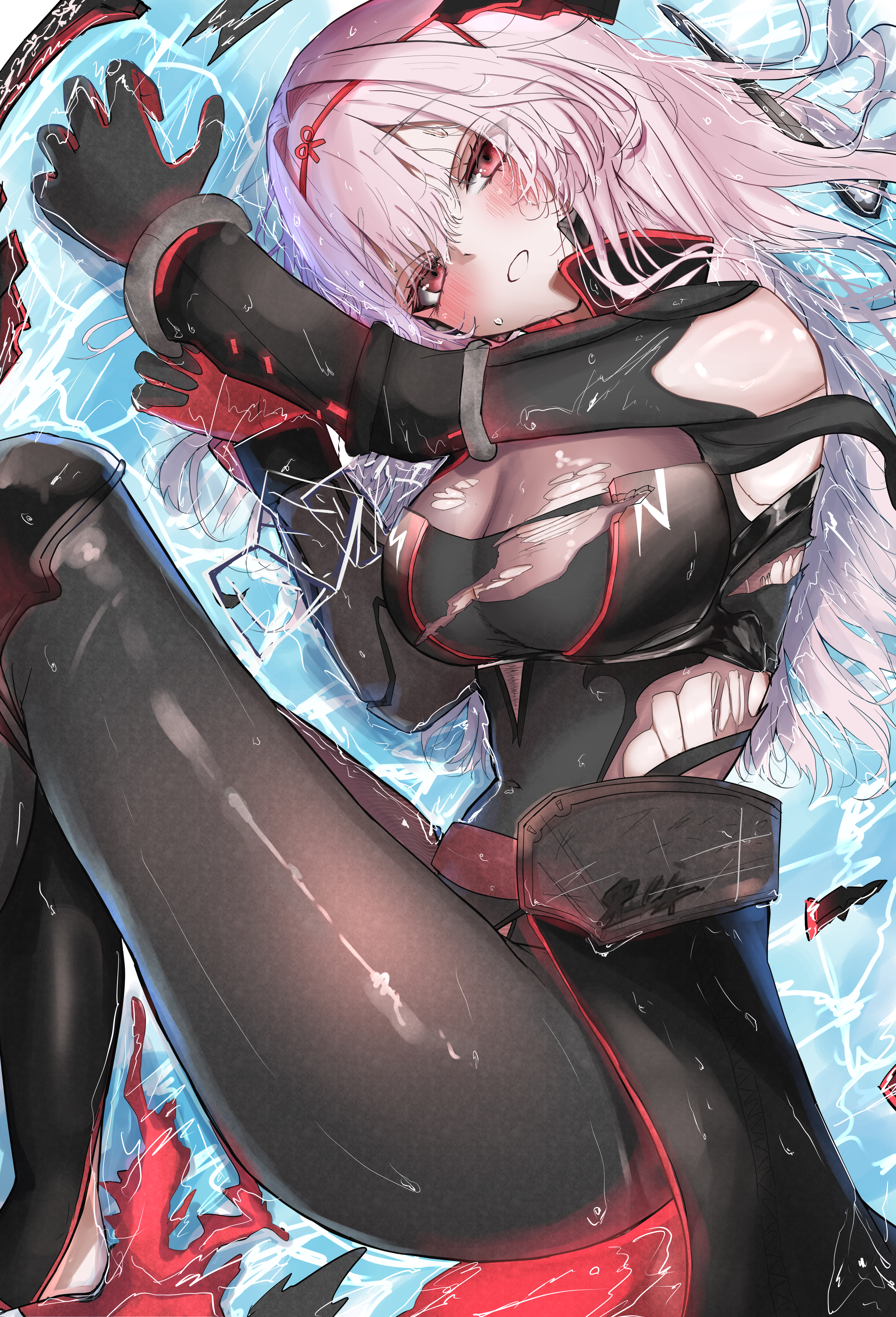 1girl absurdres armor belt black_armor black_pantyhose blush bodysuit breasts building covered_navel gauntlets gluteal_fold goddess_of_victory:_nikke grin hair_ribbon hairband highres holding holding_sword holding_weapon iwazaki large_breasts long_hair looking_at_viewer looking_to_the_side medium_breasts microphone official_alternate_costume outdoors pantyhose pink_hair purple_hair red_eyes red_ribbon ribbon road scarlet_(black_shadow)_(nikke) scarlet_(nikke) sheath shy smile solo street sword weapon white_background white_hair