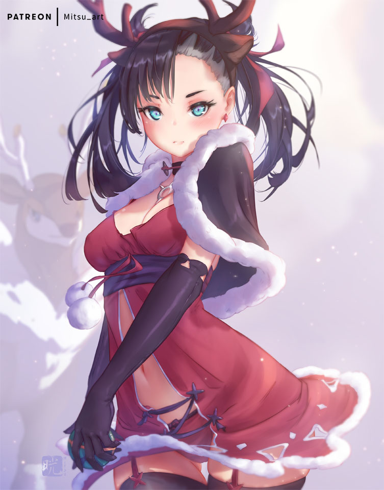 1girl antlers aqua_eyes asymmetrical_bangs asymmetrical_hair bad_id bad_pixiv_id black_gloves black_hair black_thighhighs blush breasts character_name choker collarbone commentary_request cosplay dress dusk_ball earrings elbow_gloves fur_trim gen_5_pokemon gloves hair_ornament hair_ribbon holding holding_poke_ball horns jewelry looking_at_viewer marnie_(pokemon) medium_breasts mitsu_(mitsu_art) navel nintendo open_clothes panties poke_ball pokemon pokemon_swsh red_dress red_panties red_ribbon ribbon sawsbuck sawsbuck_(cosplay) sawsbuck_(winter) thighhighs twintails underwear