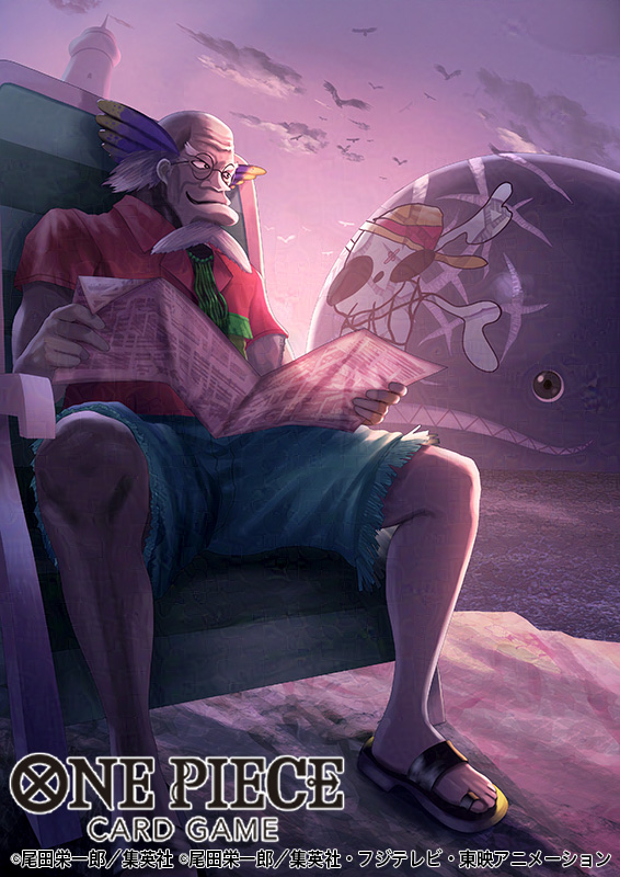 1boy beard blue_shorts commentary_request copyright_name crocus_(one_piece) facial_hair glasses holding holding_newspaper jolly_roger laboon male_focus newspaper official_art one_piece one_piece_card_game outdoors sandals sharp_teeth short_sleeves shorts sitting smile straw_hats_jolly_roger tanaka_ken&#039;ichi teeth whale