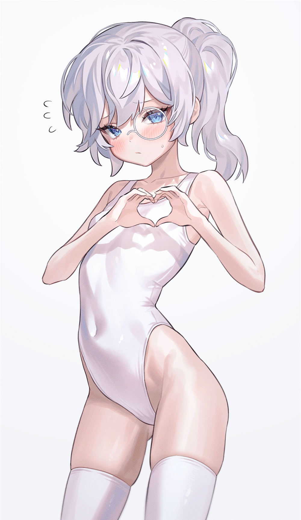 1girl arched_back bare_arms bare_shoulders blue_eyes blush breasts commission covered_navel cowboy_shot embarrassed fymrie gluteal_fold heart heart_hands highleg highleg_one-piece_swimsuit highres long_hair looking_at_viewer min_yeohee monocle one-piece_swimsuit original ponytail simple_background skindentation small_breasts solo standing sweatdrop swimsuit thighhighs thighs white_background white_hair white_one-piece_swimsuit white_thighhighs