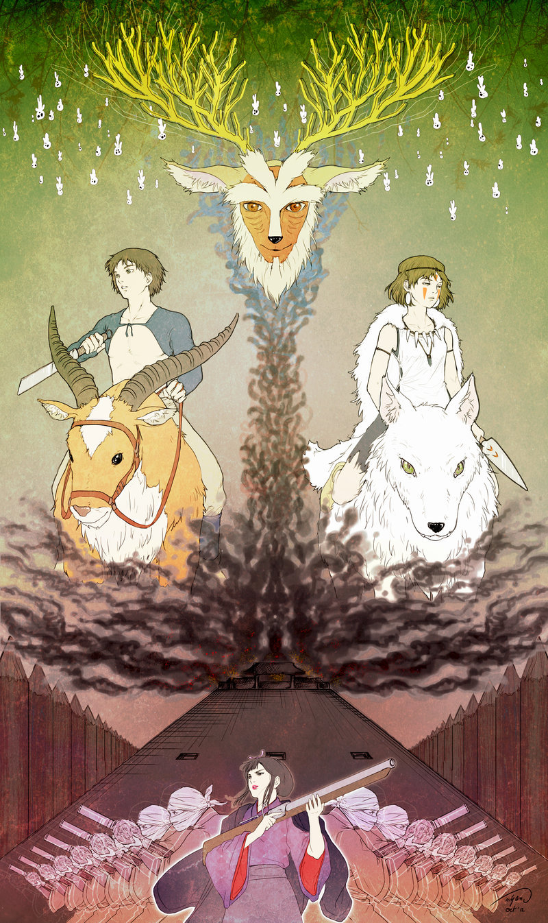 1boy 2girls antlers armlet ashitaka black_hair blue_kimono brown_hair cape commentary daidarabocchi_(mononoke_hime) deer earrings eboshi english_commentary facepaint fur_cape green_hair gun hair_bun haori hebe_sugar highres holding holding_gun holding_knife holding_weapon horns japanese_clothes jewelry kimono knife kodama looking_at_viewer mononoke_hime moro_no_ichizoku multiple_girls on_animal san_(mononoke_hime) short_hair sidelocks signature smile smoke vest weapon wolf yakul
