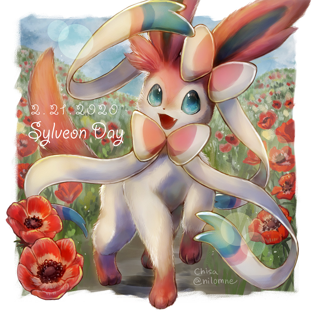 animal_focus bow commentary dated fang flower gen_6_pokemon grass looking_at_viewer momomo12 nintendo no_humans open_mouth outdoors pokemon pokemon_(creature) ribbon smile solo standing sylveon twitter_username
