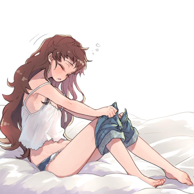1girl barefoot blue_panties blue_shorts brown_hair camisole closed_eyes clothes_pull denim denim_shorts freckles from_side full_body isuzu_(log_horizon) log_horizon long_hair mo_(deciliter) off_shoulder open_mouth panties polka_dot polka_dot_panties short_shorts shorts shorts_pull simple_background sitting solo underwear undressing very_long_hair white_background white_camisole