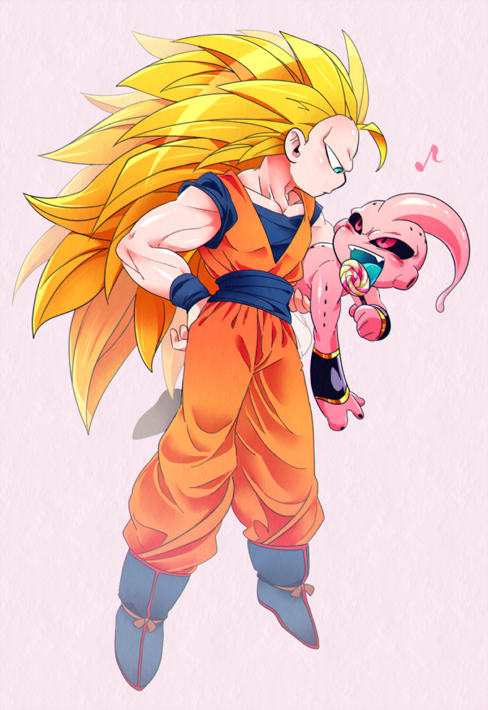 2boys antennae aqua_tongue black_bracer black_nails black_sclera blonde_hair blue_boots blue_eyes blue_sash blue_shirt blue_undershirt blue_wrist_cuffs boots bracer candy carrying carrying_person carrying_under_arm collarbone colored_sclera colored_skin commentary dougi dragon_ball dragonball_z fangs food full_body gold_trim hand_up holding holding_candy holding_food holding_lollipop hole_on_body kid_buu lollipop long_hair looking_at_another looking_down looking_up majin_buu male_focus multiple_boys muscular muscular_male musical_note no_eyebrows open_mouth orange_pants orange_shirt pants pectorals pink_skin red_eyes sash shirt simple_background son_goku spiked_hair super_saiyan super_saiyan_3 teeth topless_male undershirt white_background white_pants wrist_cuffs