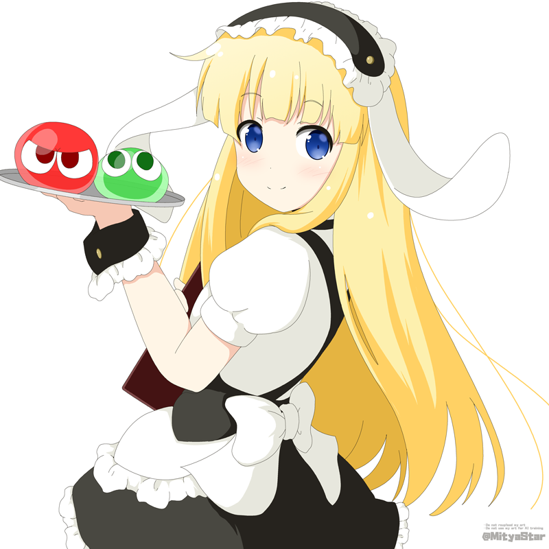 1girl animal_ears apron black_hairband black_skirt blonde_hair blue_eyes blush character_request check_character closed_mouth commentary_request cosplay employee_uniform fake_animal_ears fleur_de_lapin_uniform floppy_ears frilled_apron frilled_hairband frilled_skirt frills from_side gochuumon_wa_usagi_desu_ka? hairband hand_up holding holding_tray kirima_syaro kirima_syaro_(cosplay) long_hair menu mitya puffy_short_sleeves puffy_sleeves puyo_(puyopuyo) puyopuyo rabbit_ears shirt short_sleeves simple_background skirt smile solo tray twitter_username very_long_hair waitress watermark white_apron white_background white_shirt witch_(puyopuyo) wrist_cuffs