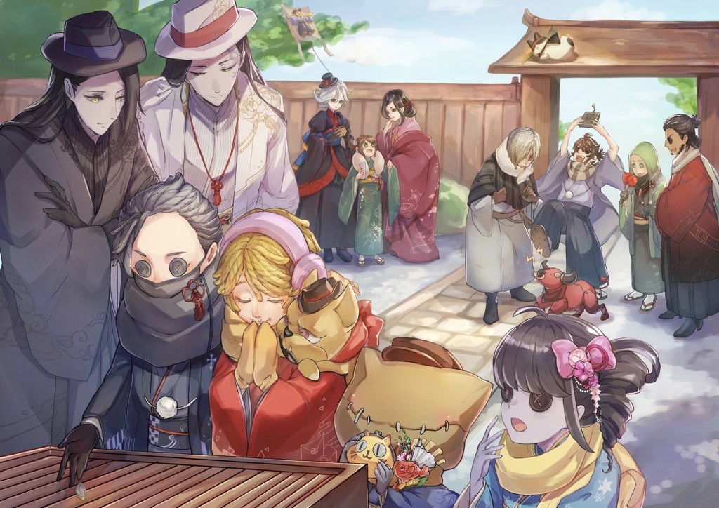 4girls 6+boys :d aesop_carl alternate_costume andrew_kreiss animal animal_on_shoulder bag_over_head black_cloak black_dress black_eyes black_footwear black_gloves black_hair black_hakama black_headwear black_jacket black_kimono black_sash black_scarf black_shirt blonde_hair blue_sash boots bow box brown_eyes brown_gloves brown_hair brown_headwear bull bush button_eyes buttons cabbie_hat candy_apple cat choppy_bangs cloak closed_eyes coat coin coin_purse controller crossed_arms dark-skinned_male dark_skin day dog donation_box dress dress_shirt drill_hair earmuffs egasumi ema emma_woods facial_tattoo fan_wujiu fedora feet_out_of_frame floral_print flower flower_knot follower_(identity_v) food full_body fur_scarf gate gloves green_eyes green_jacket green_kimono grey_eyes grey_hair grey_hakama grey_jacket grey_kimono hair_between_eyes hair_bow hair_bun hair_flower hair_ornament hair_over_one_eye hair_slicked_back hakama hakama_pants half_updo hand_up haori haori_himo hat hatsumoude holding holding_controller holding_food holding_paper holding_wallet hood hood_up hooded_jacket identity_v jacket japanese_clothes juliet_sleeves kanzashi kimono kimono_dress kite letter_print long_sleeves looking_at_another looking_at_object luca_balsa mary_(identity_v) mask michiko_(identity_v) mini_hat mini_top_hat mittens mouth_mask multiple_boys multiple_girls naib_subedar neck_tassel new_year non-humanoid_robot obi omikuji open_mouth own_hands_together palms_together pants paper pink_bow pink_kimono print_kimono puffy_sleeves red_coat red_eyes red_kimono robbie_(identity_v) robot robot_animal sandals sash scarf sett shirt short_hair side_drill single_hair_bun smile socks solid_eyes standing standing_on_one_leg stitched_mouth stitches swept_bangs tabi tattoo teeth top_hat tree upper_body upper_teeth_only victor_grantz wallet white_hair white_headwear white_jacket white_scarf white_shirt white_socks wide_sleeves william_ellis xie_bian yellow_eyes yellow_sash yellow_scarf yune525neko zouri