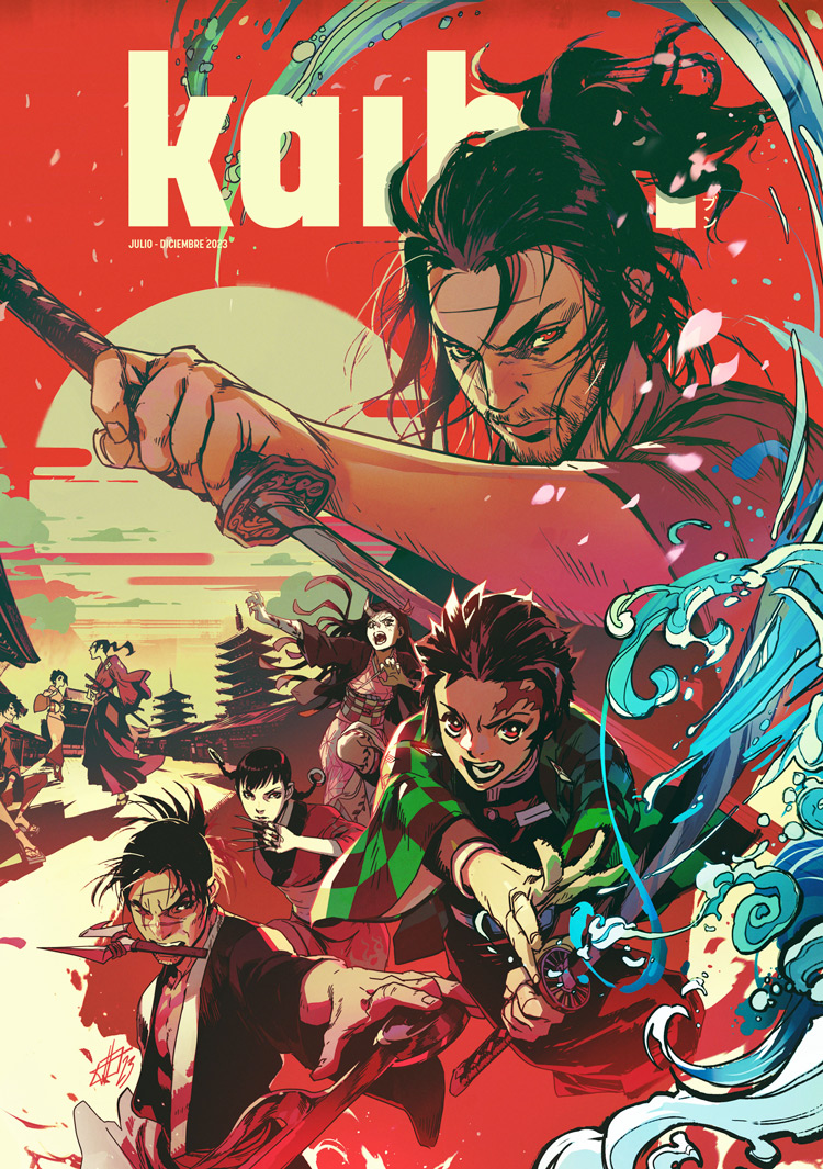 3girls 5boys architecture asano_rin beard black_hair blade_of_the_immortal brown_hair checkered_coat cover crossover east_asian_architecture facial_hair floating_hair fuu_(samurai_champloo) haori holding holding_sword holding_weapon japanese_clothes jinnosuke kaibun_(magazine) kamado_nezuko kamado_tanjirou katana kimetsu_no_yaiba kimono long_hair magatsu_taito magazine_cover manji miyamoto_musashi_(vagabond) mugen_(samurai_champloo) multiple_boys multiple_crossover multiple_girls official_art open_hand open_mouth orange_eyes ponytail samurai samurai_champloo short_hair sword toni_infante trait_connection vagabond water weapon weapon_in_mouth