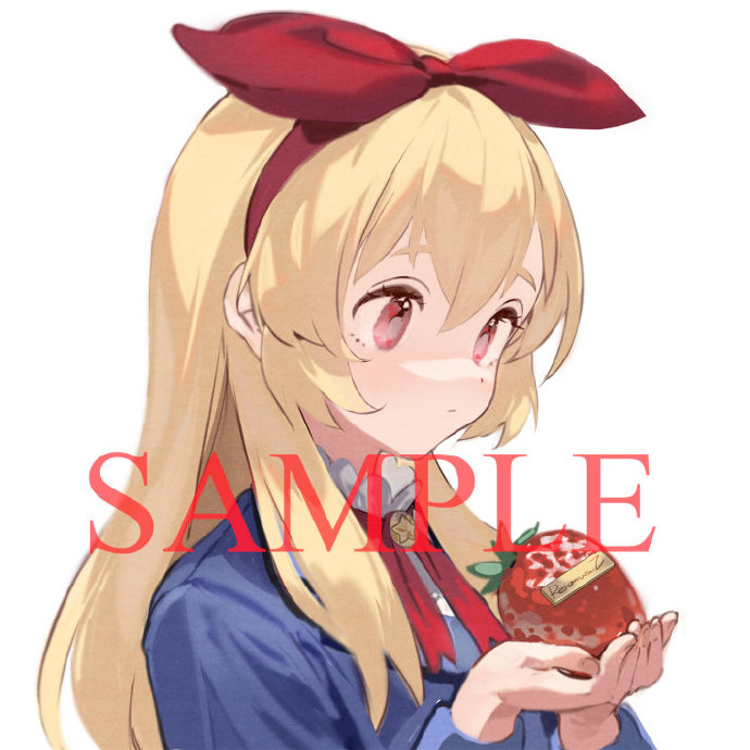 1girl bad_id bad_weibo_id blonde_hair blue_jacket bow closed_mouth collared_shirt dot_nose expressionless eyelashes fingernails food frilled_shirt_collar frills fruit hair_between_eyes hair_bow hairband high_collar holding holding_food holding_fruit jacket light_blush long_hair neck_ribbon original own_hands_together red_bow red_eyes red_hairband red_ribbon ribbon sample_watermark shirt sidelocks simple_background solo star_(symbol) strawberry tareme upper_body very_long_hair watermark white_background white_shirt xiao_chichi