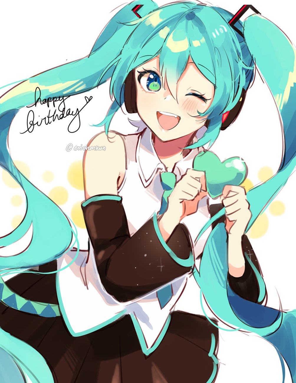 1girl aqua_eyes aqua_hair aqua_necktie black_skirt blush coll_(erichankun) collared_shirt commentary_request cowboy_shot detached_sleeves hair_between_eyes hair_ornament happy happy_birthday hatsune_miku headphones heart highres holding holding_heart looking_at_viewer necktie one_eye_closed shirt skirt sleeveless sleeveless_shirt smile solo teeth twintails twitter_username upper_teeth_only vocaloid