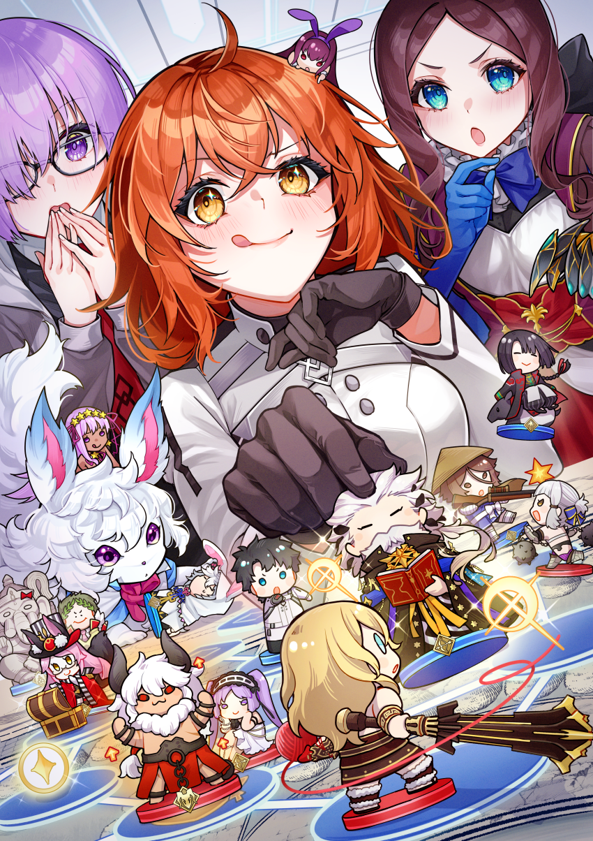 6+boys 6+girls ahoge animal black_bow black_dress black_gloves blue_eyes blue_gloves blush board_game bow breasts brown_dress brown_hair dress elbow_gloves fate/grand_order fate_(series) forehead fou_(fate) fujimaru_ritsuka_(female) fujimaru_ritsuka_(female)_(decisive_battle_chaldea_uniform) glasses gloves grey_jacket hair_bow hair_over_one_eye highres ichino_tomizuki jacket large_breasts leonardo_da_vinci_(fate) leonardo_da_vinci_(fate/grand_order) leonardo_da_vinci_(rider)_(fate) long_hair long_sleeves looking_at_viewer mash_kyrielight medium_breasts multiple_boys multiple_girls necktie open_clothes open_jacket open_mouth orange_eyes orange_hair parted_bangs ponytail ptolemy_(fate) ptolemy_(third_ascension)_(fate) puff_and_slash_sleeves puffy_short_sleeves puffy_sleeves purple_eyes purple_hair red_skirt short_hair short_sleeves skirt small_breasts white_dress