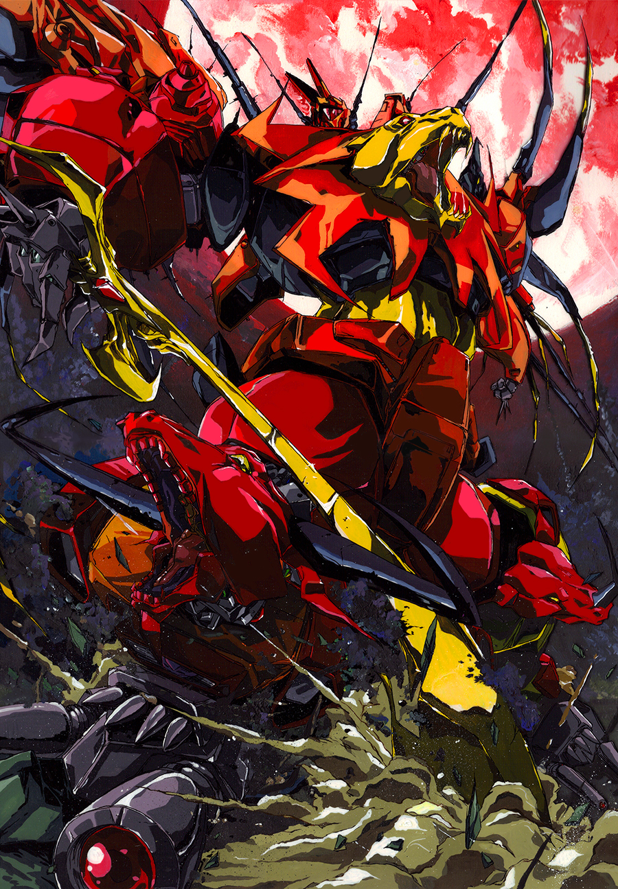 armor dirt foreshortening from_below full_moon glowing highres hinomars19 holding holding_sword holding_weapon huge_weapon mecha moon no_humans open_mouth predaking_(transformers) red_moon retro_artstyle robot saliva sharp_teeth star_(sky) sword teeth tongue transformers transformers:_generation_1 weapon
