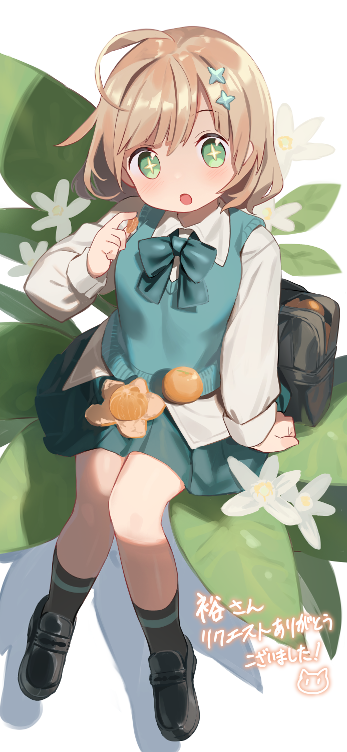 1girl :o ahoge aqua_skirt aqua_sweater_vest arm_at_side bad_feet bag black_bag black_shoes blonde_hair bow bowtie breasts clenched_hand cloneko_(zelmeledf2) commentary_request commission food fruit hair_ornament hand_rest highres holding holding_food holding_fruit knees_together_feet_apart layered_clothes leaf light_blush loafers long_sleeves mini_person minigirl orange_(fruit) orange_peel original parted_bangs pleated_skirt school_bag shade shirt shoes short_hair simple_background sitting skeb_commission skirt small_breasts solo star-shaped_pupils star_(symbol) star_hair_ornament symbol-shaped_pupils untucked_shirt white_background white_shirt yellow_pupils