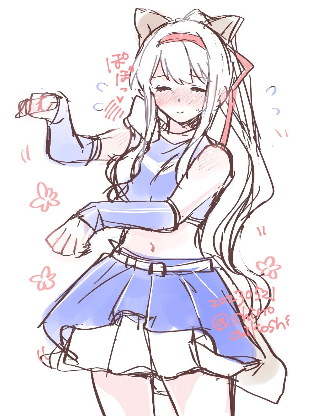 1girl animal_ears belt blue_shirt bridal_gauntlets cheerleader closed_eyes fake_animal_ears fox_ears hair_ribbon highres hokkaido_nippon-ham_fighters kantai_collection kitsune_dance layered_skirt long_hair nippon_professional_baseball orikoshi_shino paw_pose pleated_skirt ponytail ribbon shirt shoukaku_(kancolle) skirt sleeveless sleeveless_shirt solo twitter_username white_belt white_hair