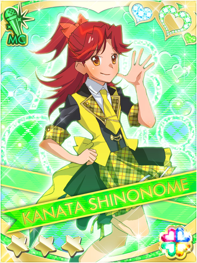 1girl akb0048 black_shoes bow card_(medium) character_name closed_mouth green_background hair_bow hand_on_own_hip heart high_ponytail idol_clothes long_hair looking_at_viewer necktie non-web_source official_art orange_bow orange_eyes ponytail red_hair shinonome_kanata shoes short_sleeves smile solo sparkle standing standing_on_one_leg star_(symbol) three_quarter_view waving yellow_necktie