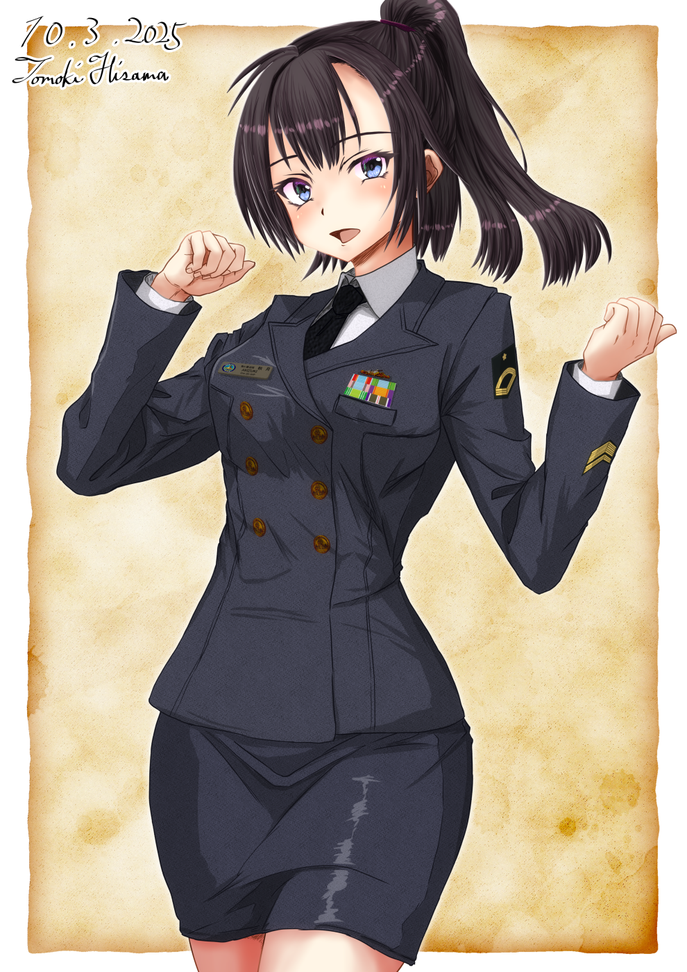 1girl akizuki_(kancolle) black_hair black_jacket black_necktie black_skirt buttons collared_shirt dated double-breasted dress_shirt highres hisamatomoki jacket kantai_collection long_hair military_uniform necktie one-hour_drawing_challenge pencil_skirt ponytail shirt skirt solo twitter_username w_arms white_shirt