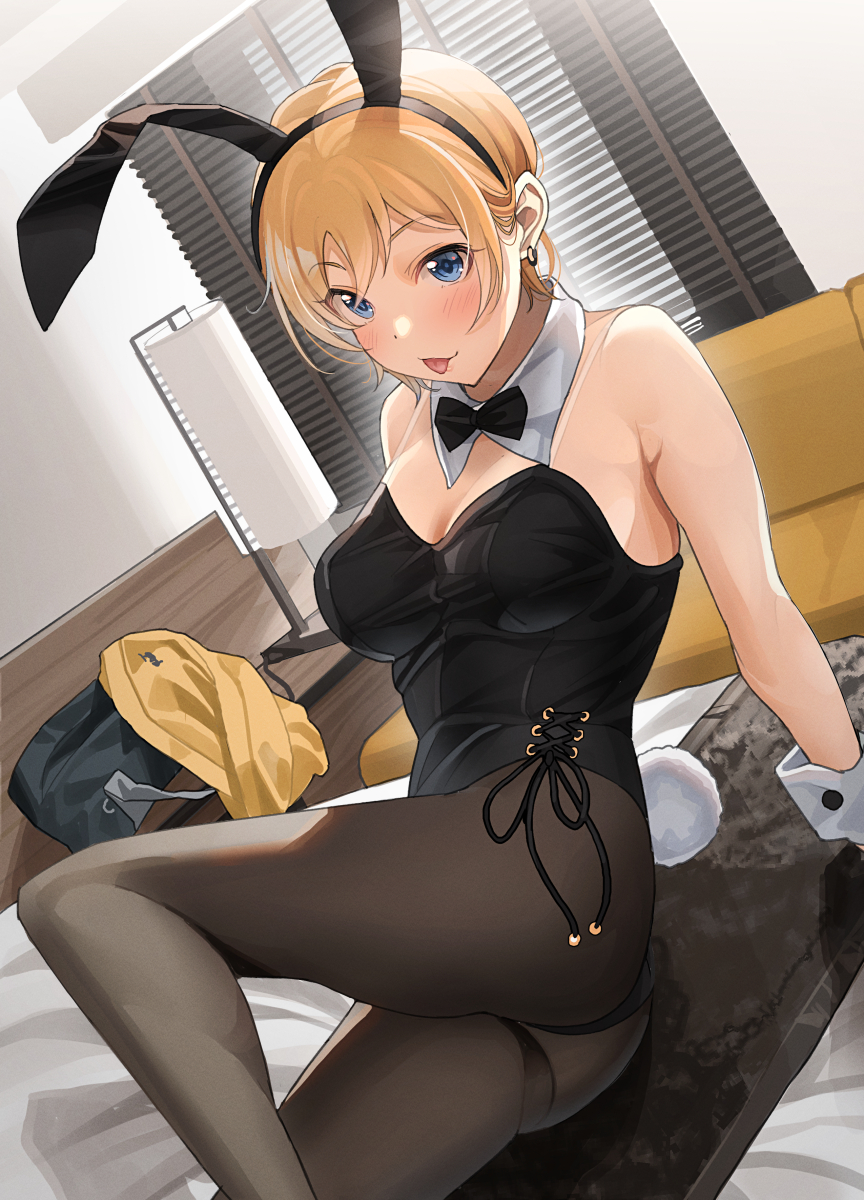 1girl :p animal_ears arm_support bag black_bow black_bowtie black_pantyhose window_blinds blonde_hair blush bow bowtie breasts detached_collar dutch_angle fake_animal_ears highres indoors large_breasts leotard looking_at_viewer on_bed original pantyhose playboy_bunny rabbit_ears rabbit_tail school_bag sitting solo tail tipii tongue tongue_out
