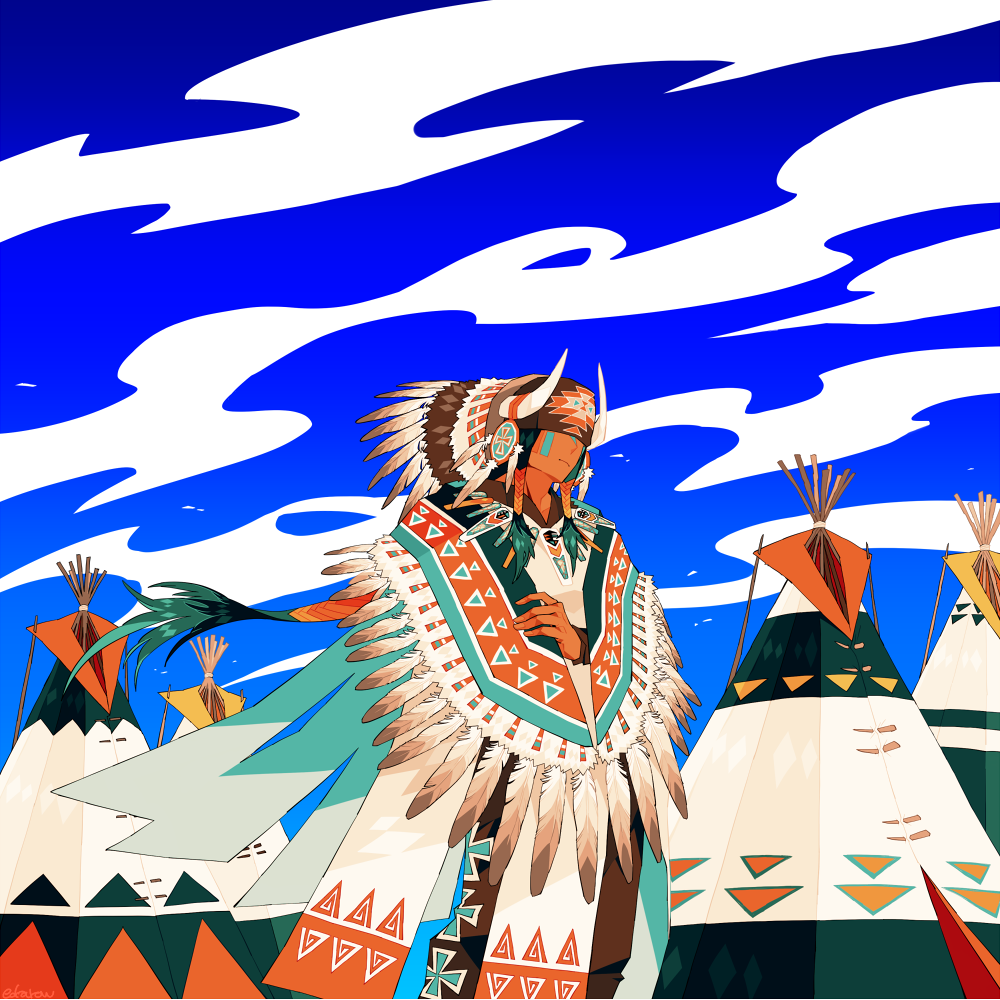 1boy blue_sky cowboy_shot edarow facepaint fake_horns green_hair headdress horned_headwear horns long_hair male_focus native_american native_american_headdress original outdoors sky solo standing teepee very_long_hair wind
