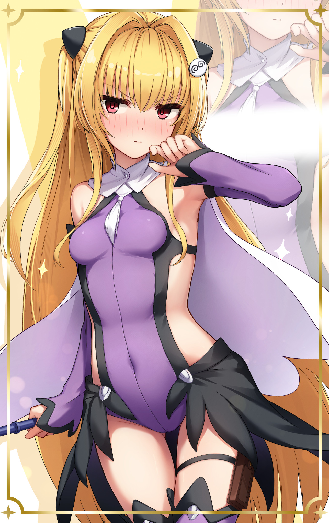 1girl arm_at_side armpits bare_shoulders blonde_hair blush border breasts card_holster commentary commission cosplay cowboy_shot detached_sleeves drop_shadow english_commentary fate/kaleid_liner_prisma_illya fate_(series) gluteal_fold hair_intakes hair_ornament hand_up highres holding konjiki_no_yami leotard long_hair looking_at_viewer magical_girl miyu_edelfelt miyu_edelfelt_(magical_girl) miyu_edelfelt_(magical_girl)_(cosplay) nakata_(nkt_vvd) nose_blush outside_border purple_leotard purple_sleeves purple_thighhighs red_eyes skeb_commission small_breasts solo thighhighs to_love-ru two_side_up very_long_hair zoom_layer