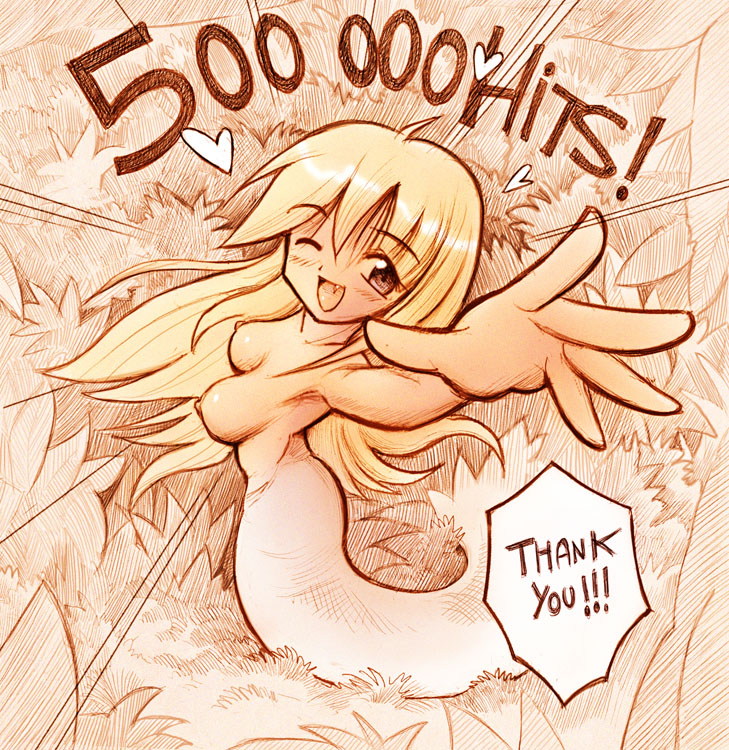 1girl blonde_hair breasts crisis fang felarya karbo lamia long_hair medium_breasts monster_girl nipples open_mouth smile