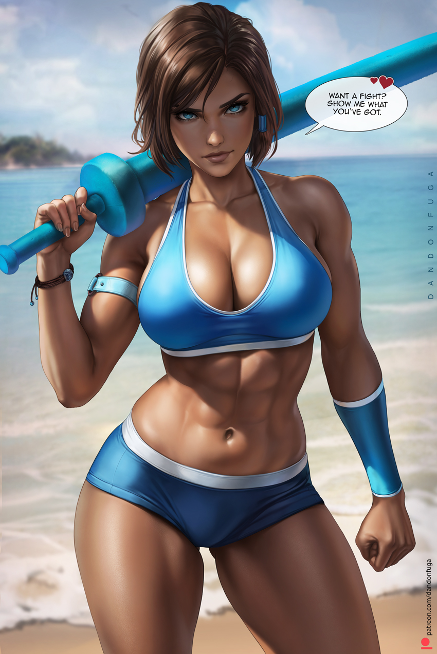 1girl abs arm_strap artist_name avatar_legends bare_shoulders bikini blue_bikini blue_eyes blurry blurry_background breasts brown_hair cleavage clenched_hand collarbone dandon_fuga dark-skinned_female dark_skin english_text hair_tubes highres holding korra navel o-ring_arm_strap ocean patreon_username short_hair single_hair_tube solo speech_bubble swimsuit the_legend_of_korra toned toned_female