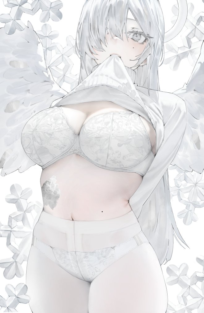 1girl arms_behind_back bra breasts clothes_lift cowboy_shot eyelashes feathered_wings halo large_breasts lifting_own_clothes looking_at_viewer mi8pq mole mole_on_stomach mole_under_eye mouth_hold navel original pale_skin panties pantyhose shirt_lift simple_background snowflakes solo standing stomach thighs underwear white_background white_bra white_eyes white_hair white_halo white_panties white_pantyhose white_wings wings
