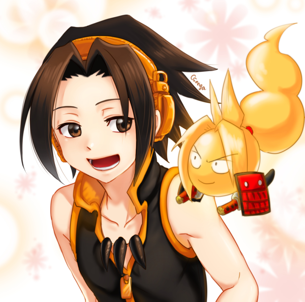 1boy :d amidamaru asakura_yoh black_shirt brown_eyes brown_hair dual_wielding headphones holding male_focus medium_hair open_mouth sangachie shaman_king shirt smile spirit upper_body zipper