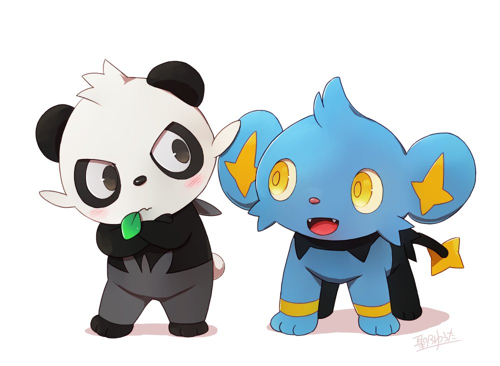 2others animal_ears black_fur blue_fur blush commentary crossed_arms fang fangs gen_4_pokemon gen_6_pokemon hijirino_yuuta leaf_in_mouth looking_at_viewer mentary multicolored_fur multiple_others nintendo open_mouth pancham panda_ears panda_tail pokemon shinx signature skin_fang smile white_background white_fur yellow_eyes