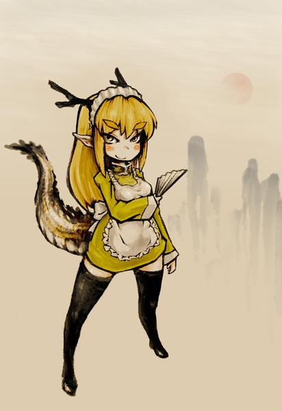 1girl antlers apron arm_at_side artist_request back_bow black_horns black_thighhighs blonde_hair blush bow breasts closed_mouth dragon_girl dragon_tail dress folding_fan frilled_apron frills full_body futaba_channel hand_fan holding holding_fan horns kouryuu_(nijiura_maids) legs_apart long_hair long_sleeves maid maid_apron maid_headdress medium_breasts nijiura_maids pointy_ears smile solo standing tail thick_eyebrows thighhighs third-party_source tsurime white_apron white_bow yellow_dress yellow_eyes zettai_ryouiki