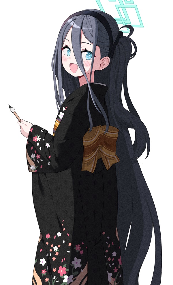 1girl absurdly_long_hair aris_(blue_archive) billbung black_hair black_hairband black_kimono blue_archive blue_eyes blush bright_pupils calligraphy_brush hair_between_eyes hairband halo japanese_clothes kimono long_hair long_hair_between_eyes looking_at_viewer looking_back obi one_side_up open_mouth paintbrush ringed_eyes sash smile solo undefined very_long_hair white_background white_pupils