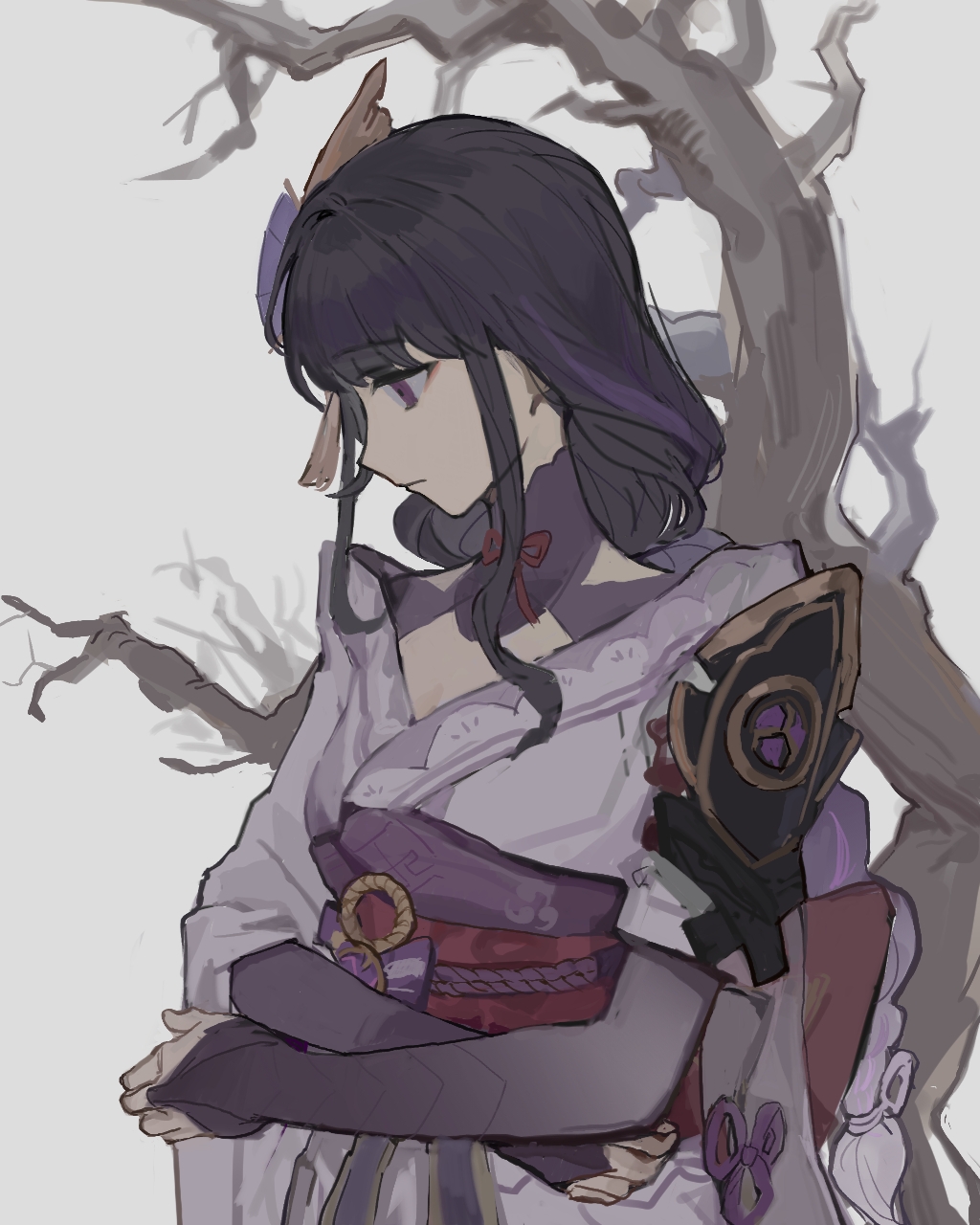 1girl armor asymmetrical_sleeves back_bow bare_tree blunt_bangs bow braid branch bridal_gauntlets chinese_commentary closed_mouth clothing_cutout crossed_arms from_side genshin_impact gradient_hair grey_background hair_ornament hair_ribbon highres japanese_clothes kimono liaoyu474 long_braid long_hair looking_down mitsudomoe_(shape) multicolored_hair neck_ribbon off_shoulder purple_eyes purple_kimono purple_ribbon raiden_shogun red_ribbon red_sash ribbon sash shoulder_armor shoulder_cutout simple_background single_braid solo standing tomoe_(symbol) tree uneven_sleeves upper_body wide_sleeves