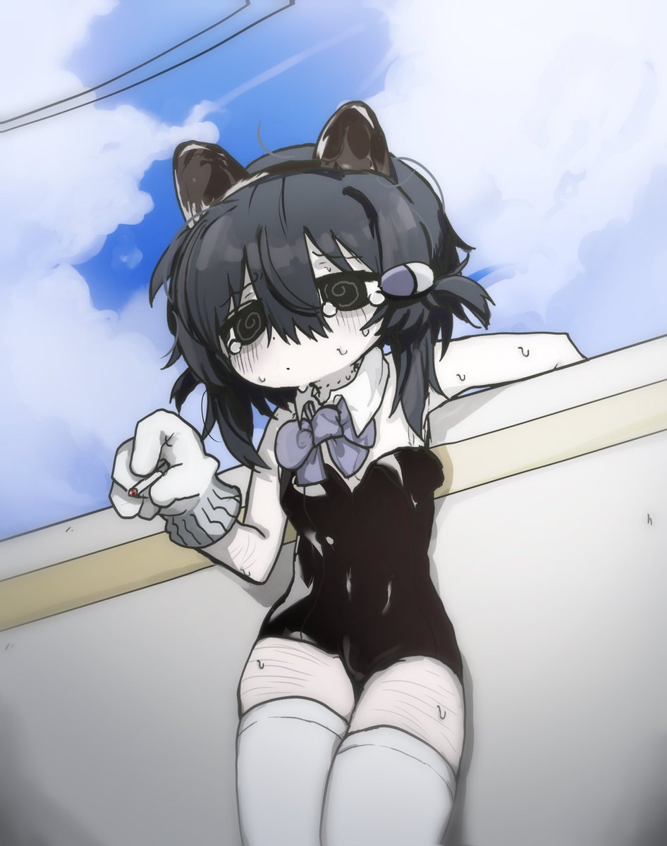 1boy @_@ androgynous animal_ear_hairband animal_ears black_hair blue_bow blue_sky blush bow bowtie bulge cat_ear_hairband cat_ears cigarette closed_mouth cloud cloudy_sky crying crying_with_eyes_open detached_collar dot_mouth dot_nose drugs_neko fake_animal_ears gloves hair_ornament hairband hanging_on highres holding holding_cigarette implied_suicide male_playboy_bunny pill revealing_clothes self-harm_scar short_twintails sky sweat tears thighhighs twintails white_gloves white_thighhighs