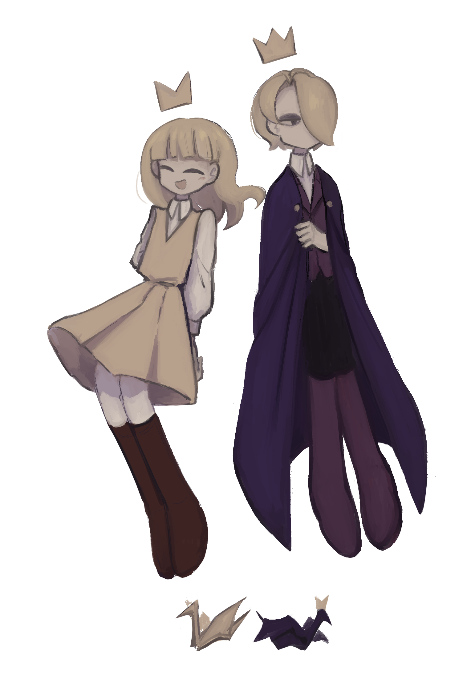 1boy 1girl ^_^ arms_behind_back black_eyes black_pants blonde_hair blunt_bangs boots brother_and_sister brown_boots cape cape_hold closed_eyes collared_shirt collared_vest crown dress expressionless eyeshadow floating_crown floating_hair full_body gold_crown hair_over_one_eye half-closed_eyes happy high_collar highres king_olly knee_boots light_blush long_hair long_sleeves makeup mario_(series) medium_dress nintendo no_mouth olivia_(paper_mario) open_mouth origami pants paper_crane paper_mario paper_mario:_the_origami_king personification pinafore_dress pleated_dress purple_boots purple_cape purple_vest shirt short_hair siblings simple_background sleeveless sleeveless_dress smile uchuuko v-neck vest white_background white_shirt yellow_dress