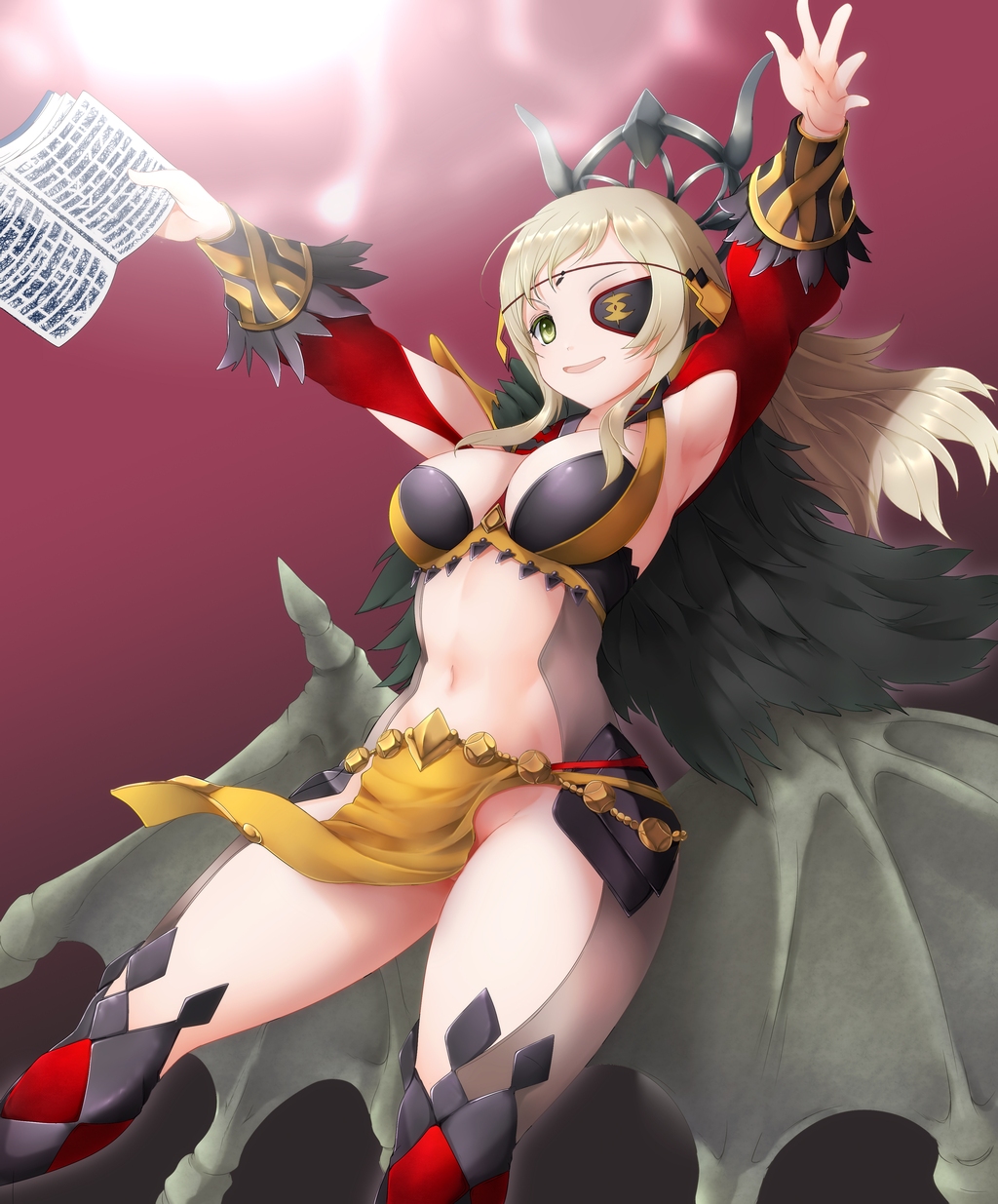 1girl ahoge ashita_yaru black_feathers blonde_hair bodystocking book breasts circlet feather_trim feathers fire_emblem fire_emblem_fates fire_emblem_heroes floating_clothes grey_eyes highres holding holding_book large_breasts loincloth long_hair looking_at_viewer navel nintendo no_panties o-ring official_alternate_costume ophelia_(fire_emblem) ophelia_(starlit_maiden)_(fire_emblem) pelvic_curtain smile solo sorcerer_(fire_emblem_fates) swept_bangs