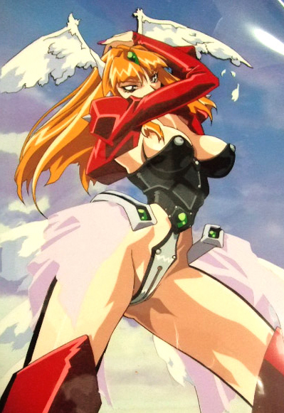 1990s_(style) blonde_hair breasts choujin_gakuen_gowcaizer cleavage corset necrocaizer official_art oobari_masami retro_artstyle technos wings